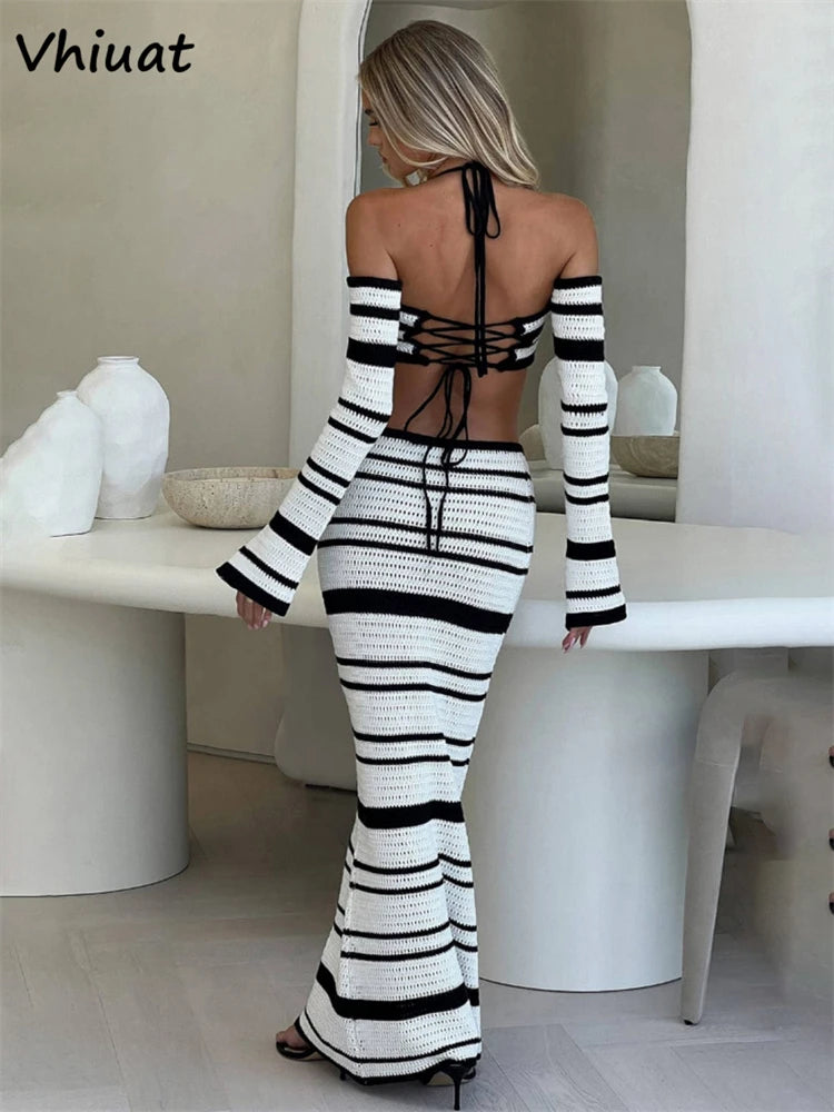 Vhiuat Summer Long Sleeve Tops Long Skirt Suit Women Knitted Beach Party 2 Piece Dress Set Elegant Matching Sets Outfits 2024