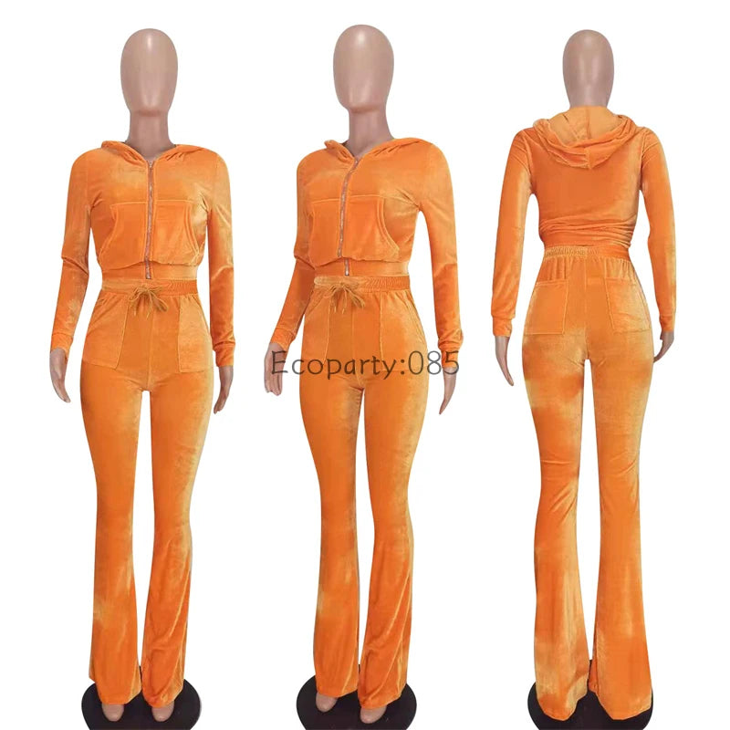 Autumn Winter Solid Velvet 2Piece Set Women Outfits Tracksuit Zipper Long Sleeve Hooded Sweatshirts Top Flare Pants Joggers Suit