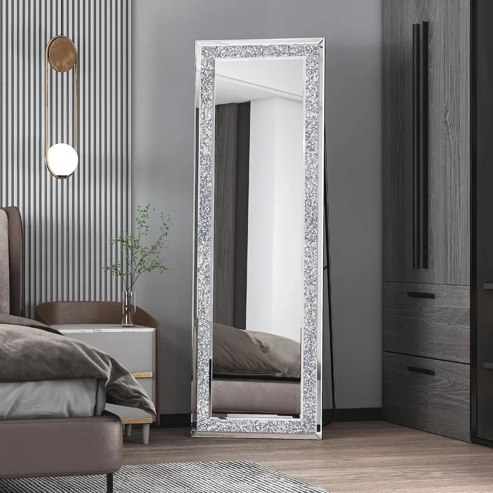 59"×18" Crystal Full Length Floor Mirror,Crushed Diamond Full Body Mirror Silver Long Standing Mirror Bathroom Wall Mounted