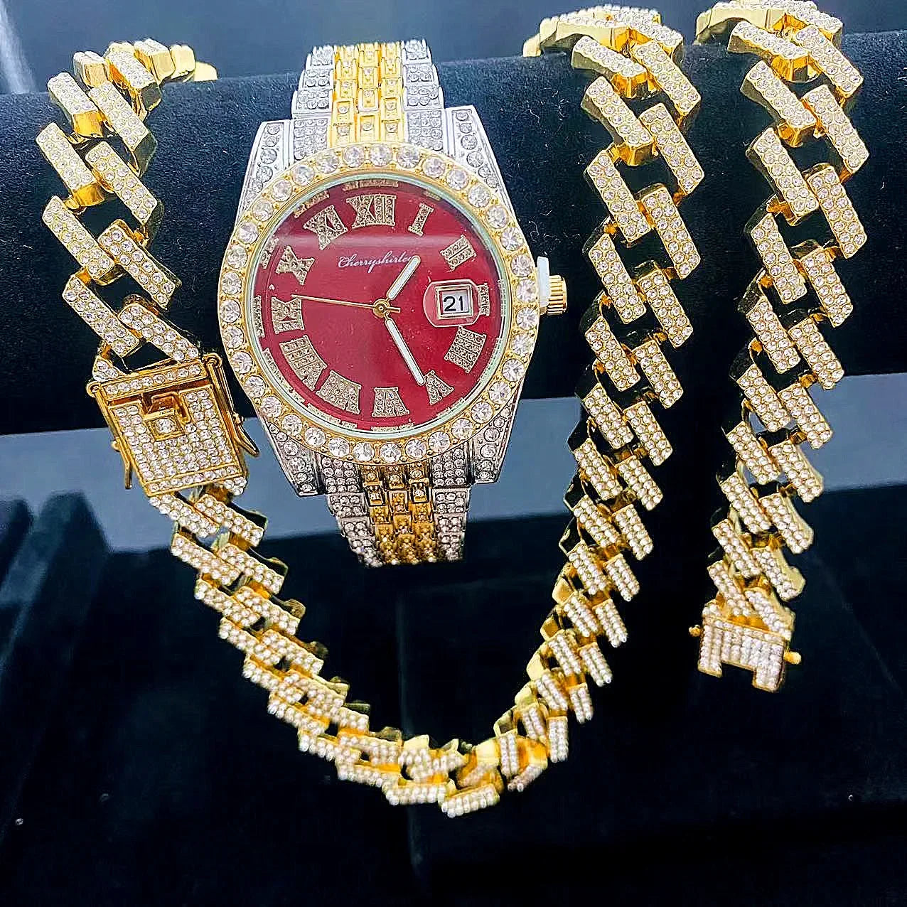 3PCS Iced Out Watches for Men Diamond Gold Watch 15mm Cuban Link Chains Bracelet + Necklaces Jewelry Watch Men Religio Masculino