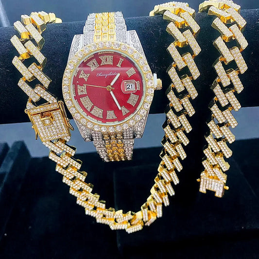 3PCS Iced Out Watches for Men Diamond Gold Watch 15mm Cuban Link Chains Bracelet + Necklaces Jewelry Watch Men Religio Masculino