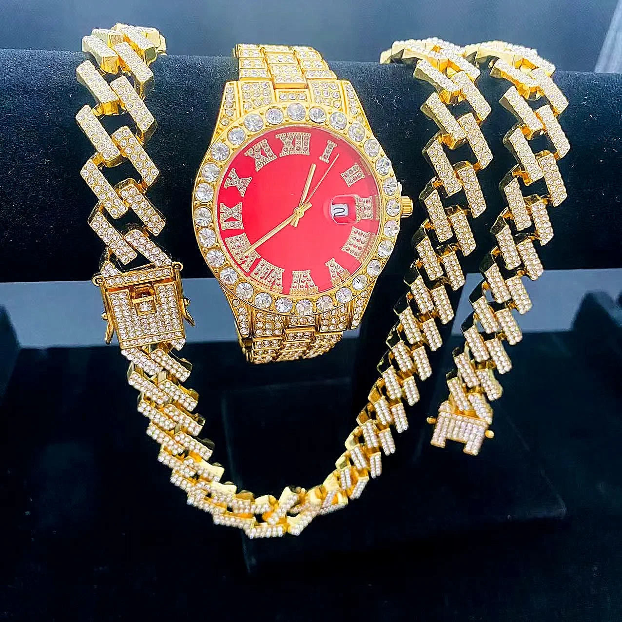 3PCS Iced Out Watches for Men Diamond Gold Watch 15mm Cuban Link Chains Bracelet + Necklaces Jewelry Watch Men Religio Masculino