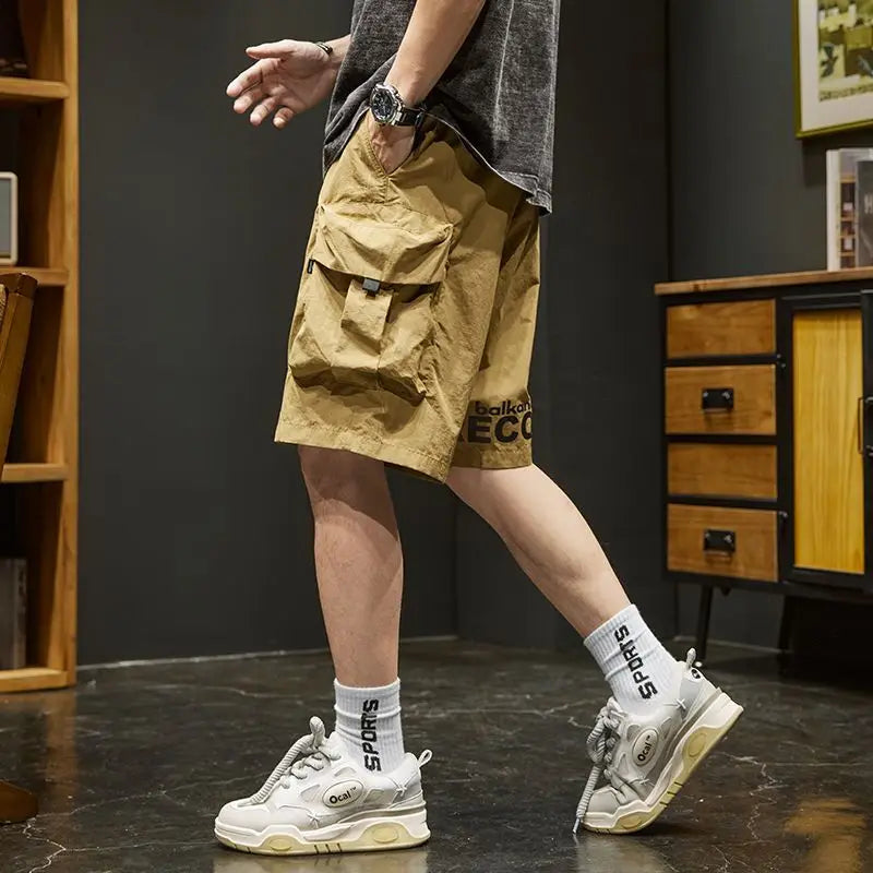Multi Pocket Men's Cargo Shorts Elastic Waist Solid Quickly Do Male Short Pants Black Designer Wide Comfortable Streetwear Nylon