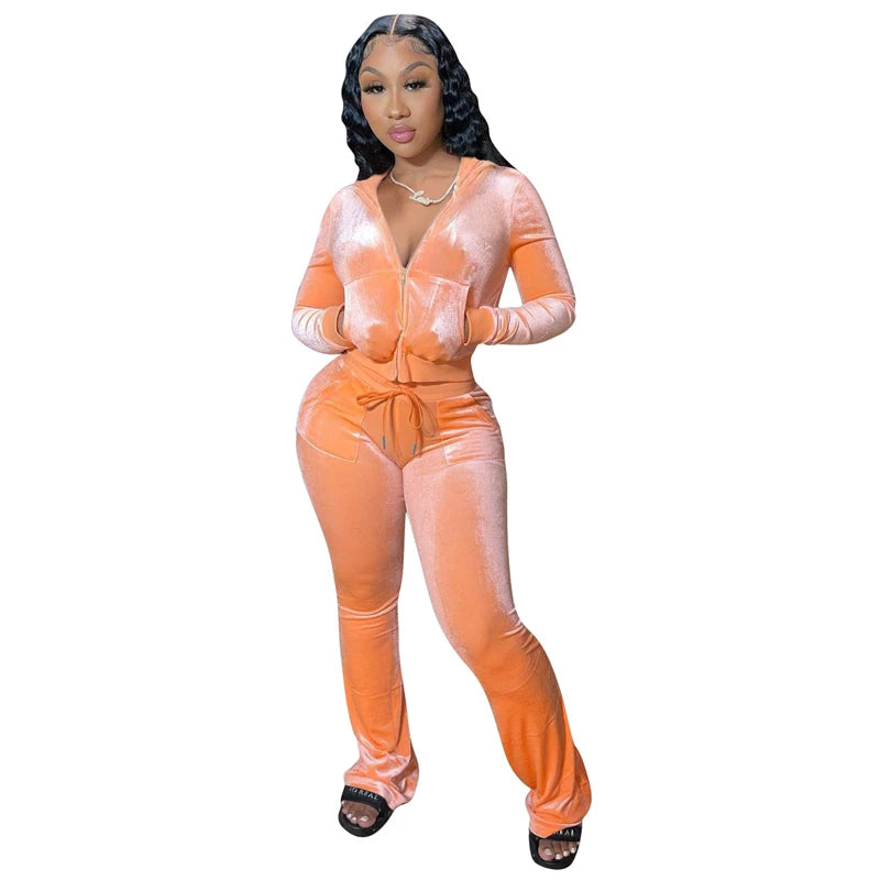 Autumn Winter Solid Velvet 2Piece Set Women Outfits Tracksuit Zipper Long Sleeve Hooded Sweatshirts Top Flare Pants Joggers Suit