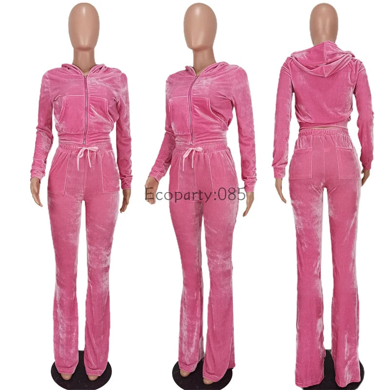 Autumn Winter Solid Velvet 2Piece Set Women Outfits Tracksuit Zipper Long Sleeve Hooded Sweatshirts Top Flare Pants Joggers Suit