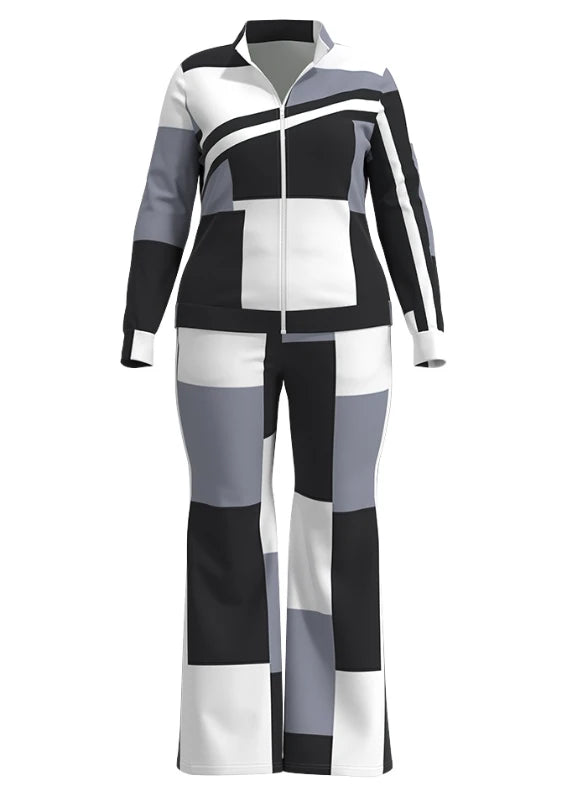 Two Piece Set Women Outfit 2023 Autumn Fashion Geometric Print Stand Collar Long Sleeve Zip Up Top & Casual Sporty Pants Set
