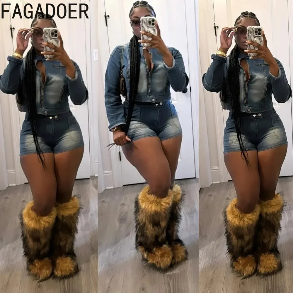FAGADOER Retro Denim 2 Piece Sets Women Outfit Zip Crop Denim Jacket + Shorts Sets Stretchy Suits Female Streetwear Clothing