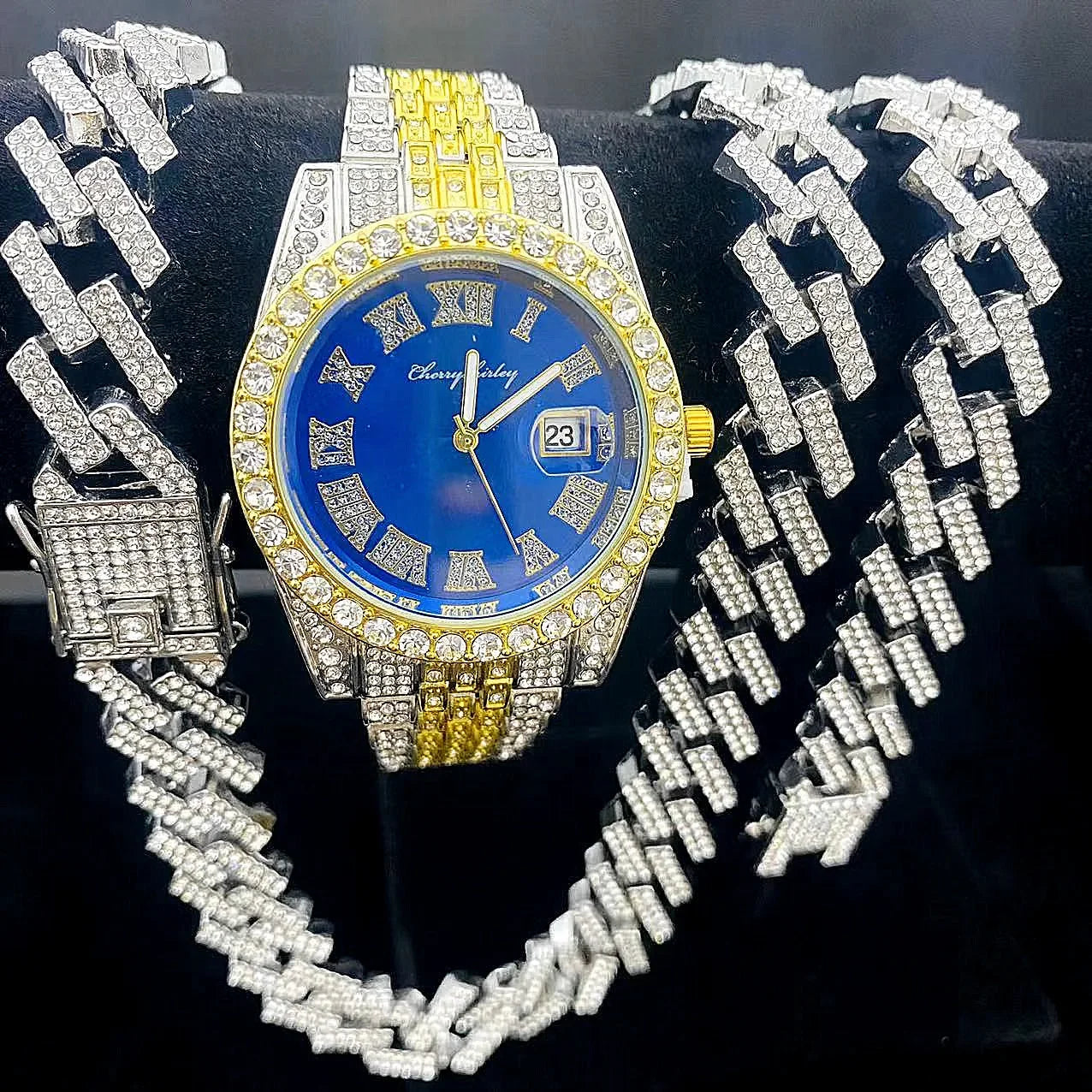 3PCS Iced Out Watches for Men Diamond Gold Watch 15mm Cuban Link Chains Bracelet + Necklaces Jewelry Watch Men Religio Masculino