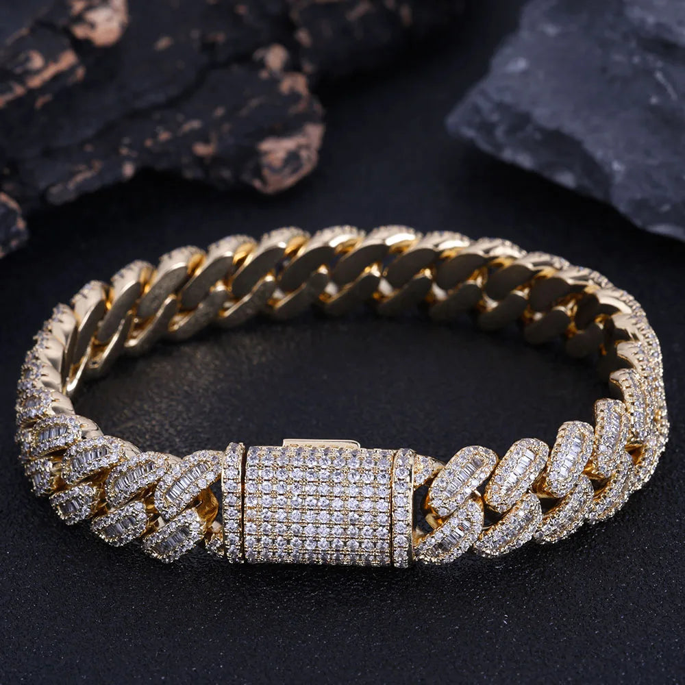 NUOYA Hip Hop Jewelry High Quality 12mm Bling Iced Cz Rectangle Diamond Prong Setting Cuban Link Necklace Homme