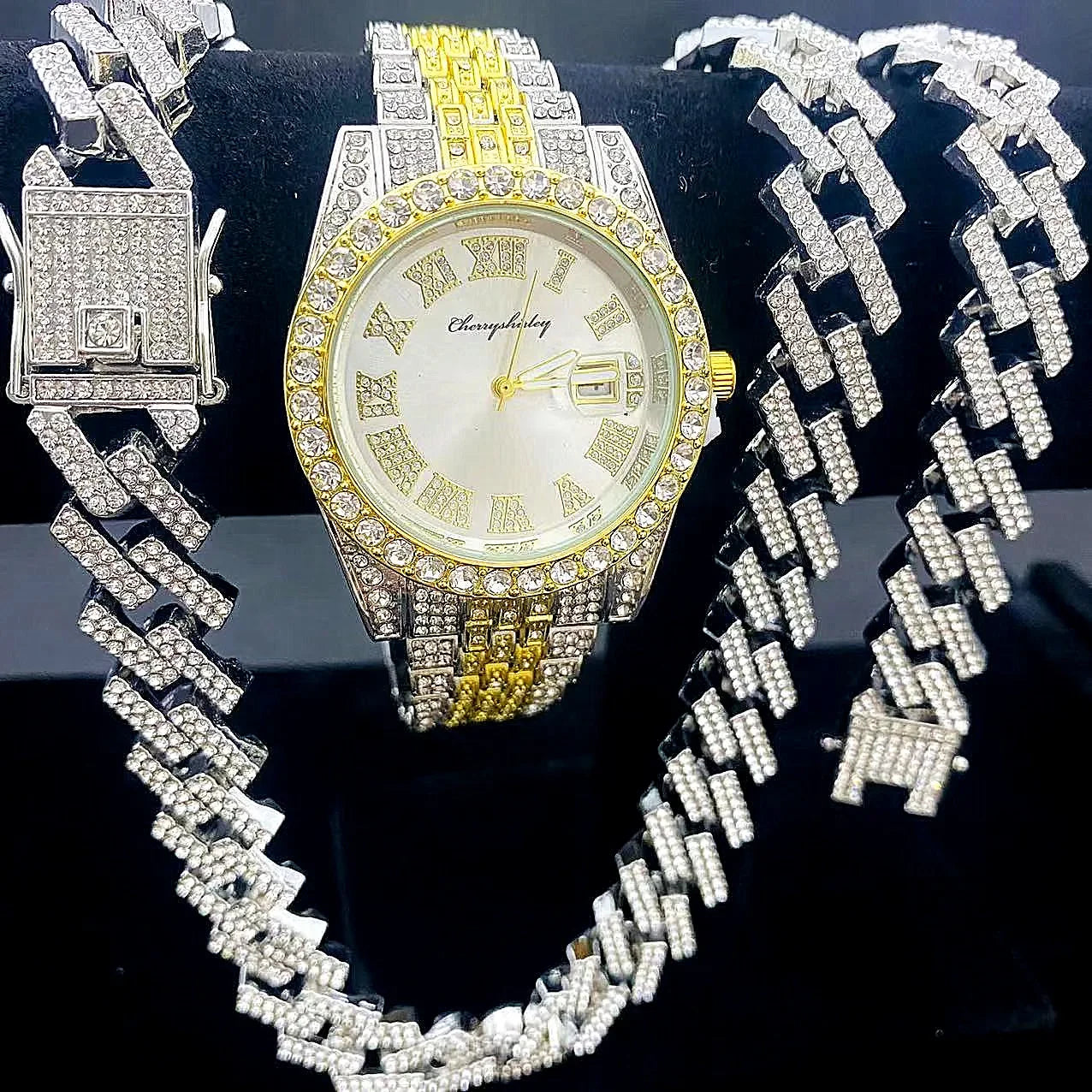 3PCS Iced Out Watches for Men Diamond Gold Watch 15mm Cuban Link Chains Bracelet + Necklaces Jewelry Watch Men Religio Masculino