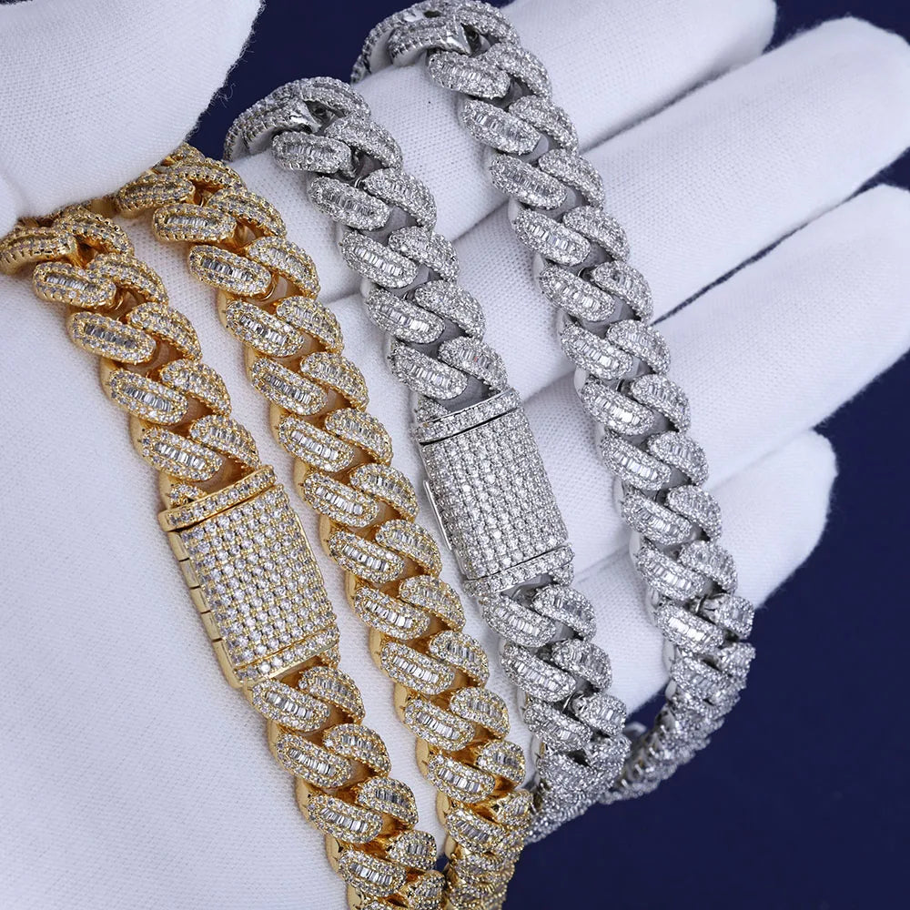 NUOYA Hip Hop Jewelry High Quality 12mm Bling Iced Cz Rectangle Diamond Prong Setting Cuban Link Necklace Homme
