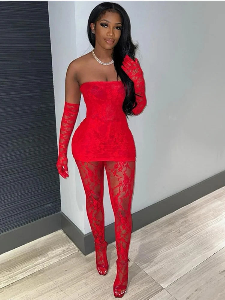 Joskaa Holiday Set Outfit For Women Black Red Lace Baddie 2 Piece Sets Outfits 2024 New Beach Sexy Leggings Club Party Outfit