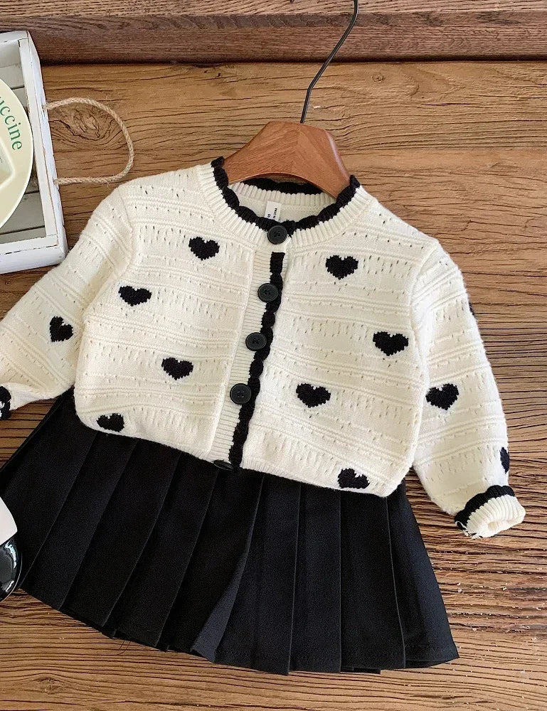 2024 Baby Girl Fall Clothes Black and White Stitching Heart Pattern Knit Sweater Cardigan Black Skirt Sets Cute Outfit Set 2-7y