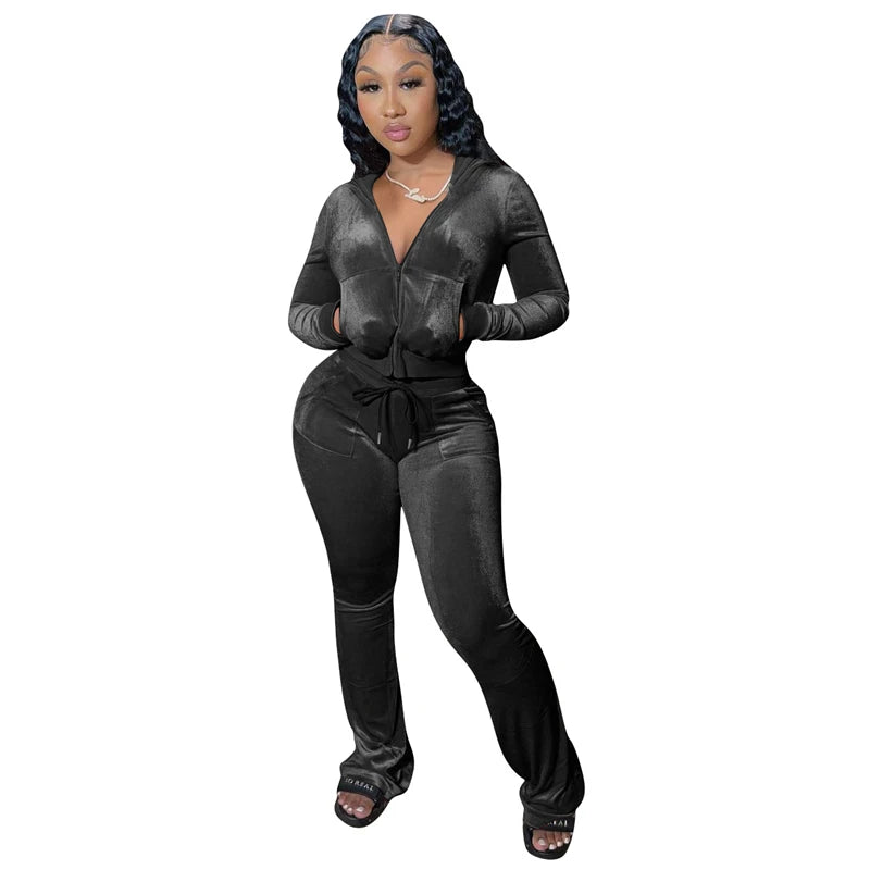 Autumn Winter Solid Velvet 2Piece Set Women Outfits Tracksuit Zipper Long Sleeve Hooded Sweatshirts Top Flare Pants Joggers Suit