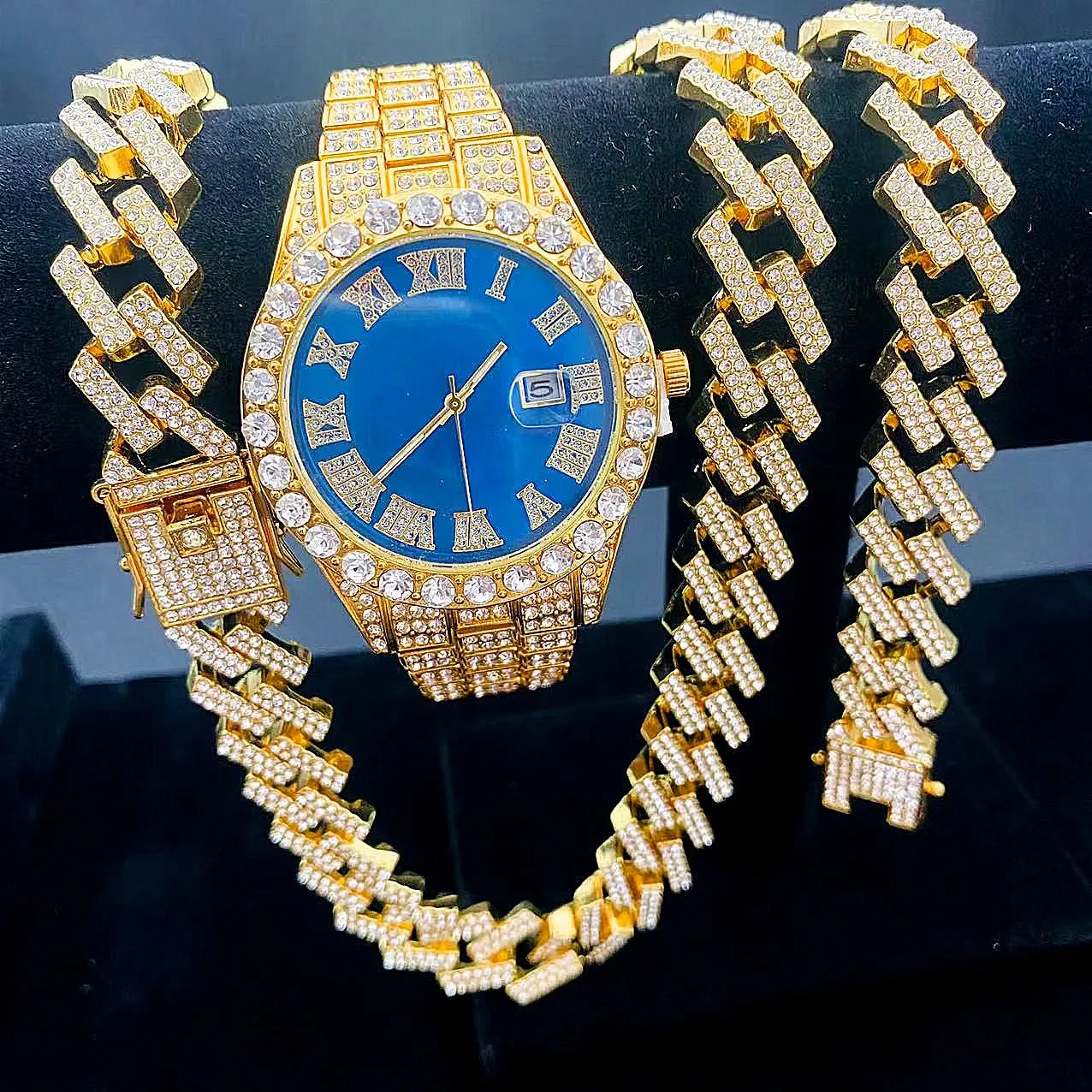 3PCS Iced Out Watches for Men Diamond Gold Watch 15mm Cuban Link Chains Bracelet + Necklaces Jewelry Watch Men Religio Masculino