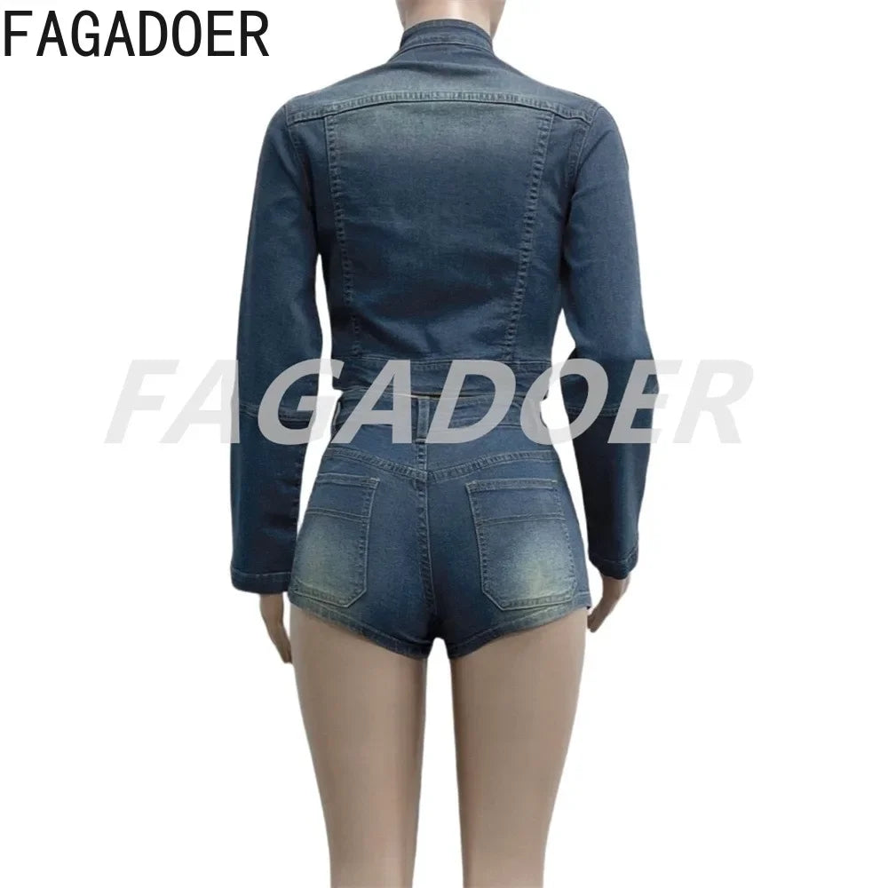FAGADOER Retro Denim 2 Piece Sets Women Outfit Zip Crop Denim Jacket + Shorts Sets Stretchy Suits Female Streetwear Clothing