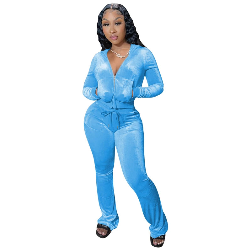 Autumn Winter Solid Velvet 2Piece Set Women Outfits Tracksuit Zipper Long Sleeve Hooded Sweatshirts Top Flare Pants Joggers Suit