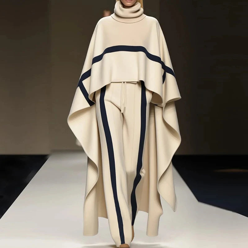 Casual Color Blocked Loose 2 Piece Set Fashion High Street Irregular Outfits 2024 Winter Lady Turtleneck Cloak Top + Pants Suit
