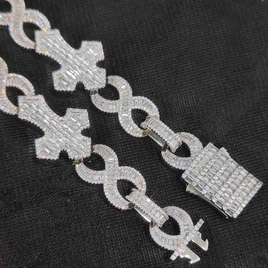 Hip Hop Silver/Gold Plated Iced Out Jewelry Baguette  Diamond CZ Cuban Link Chain Cross  Chain Rapper Necklaces
