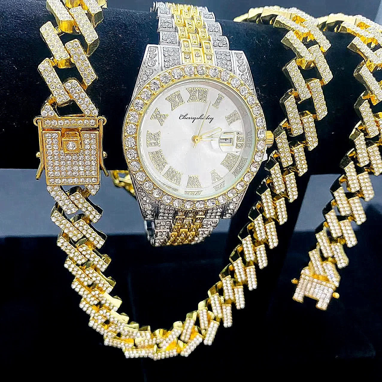 3PCS Iced Out Watches for Men Diamond Gold Watch 15mm Cuban Link Chains Bracelet + Necklaces Jewelry Watch Men Religio Masculino