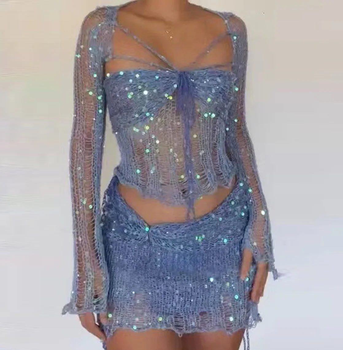 Crochet Knitted Dress Two Piece Skirt Sets 2023 Winter Women Clothes Sexy Crop Tops Elegant Knit Sequin Dress 2 Piece Set Outfit