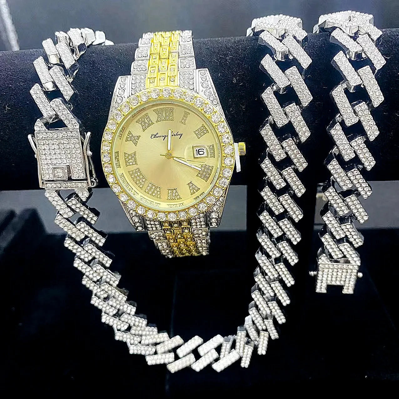 3PCS Iced Out Watches for Men Diamond Gold Watch 15mm Cuban Link Chains Bracelet + Necklaces Jewelry Watch Men Religio Masculino