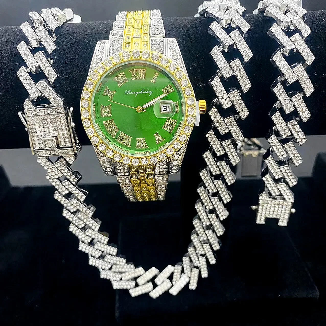 3PCS Iced Out Watches for Men Diamond Gold Watch 15mm Cuban Link Chains Bracelet + Necklaces Jewelry Watch Men Religio Masculino