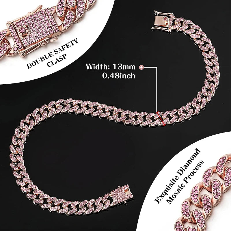 Personalized Pink Diamond Cuban Collar with Design Secure Buckle Dog Collars Gold Chain Pet Necklace for Small Medium Dogs Cat