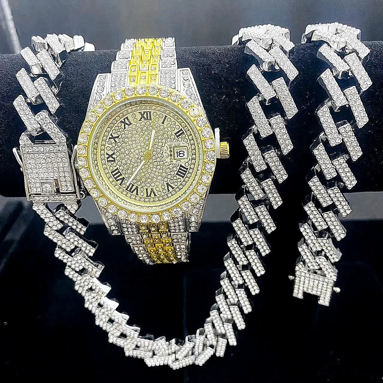 3PCS Iced Out Watches for Men Diamond Gold Watch 15mm Cuban Link Chains Bracelet + Necklaces Jewelry Watch Men Religio Masculino