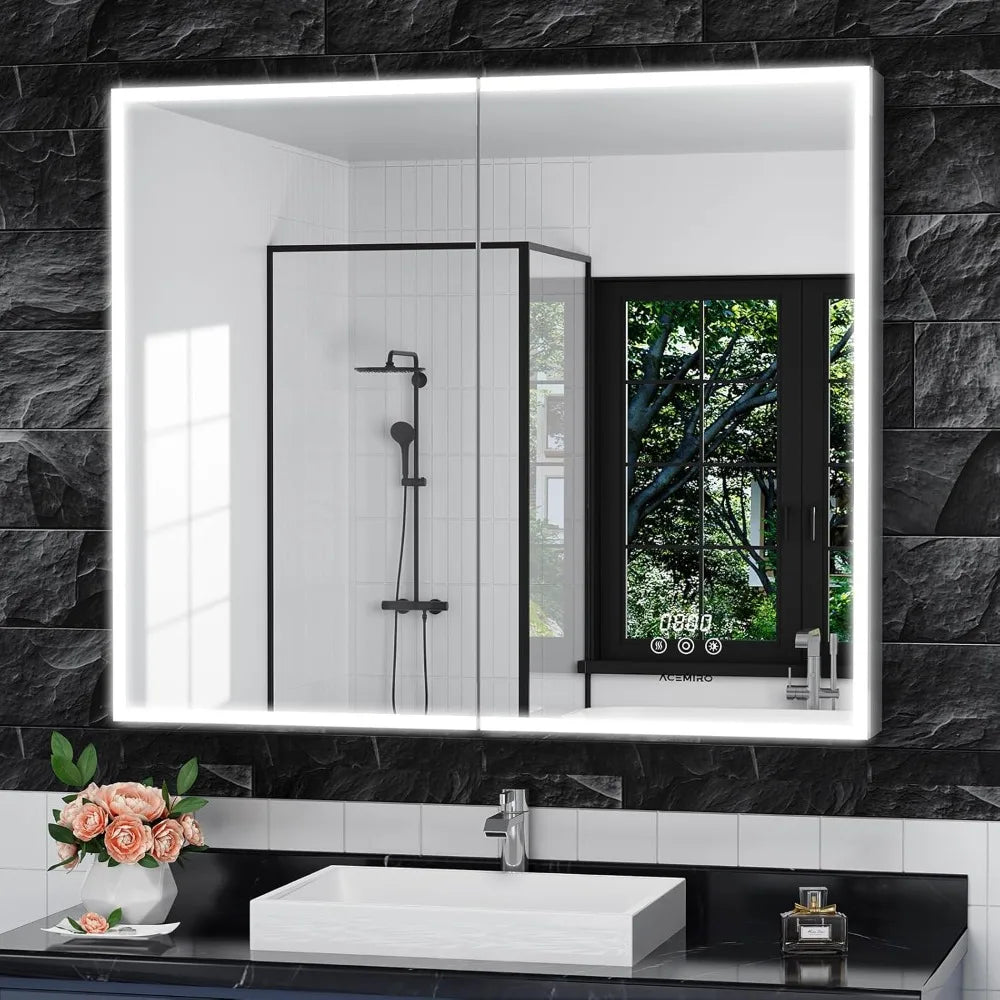 Lighted Medicine Cabinet with Mirror 36×30 Inch, Surface or Recessed Lights, Clock&Temp Display, Defogger, Dimming, LED Bathroom