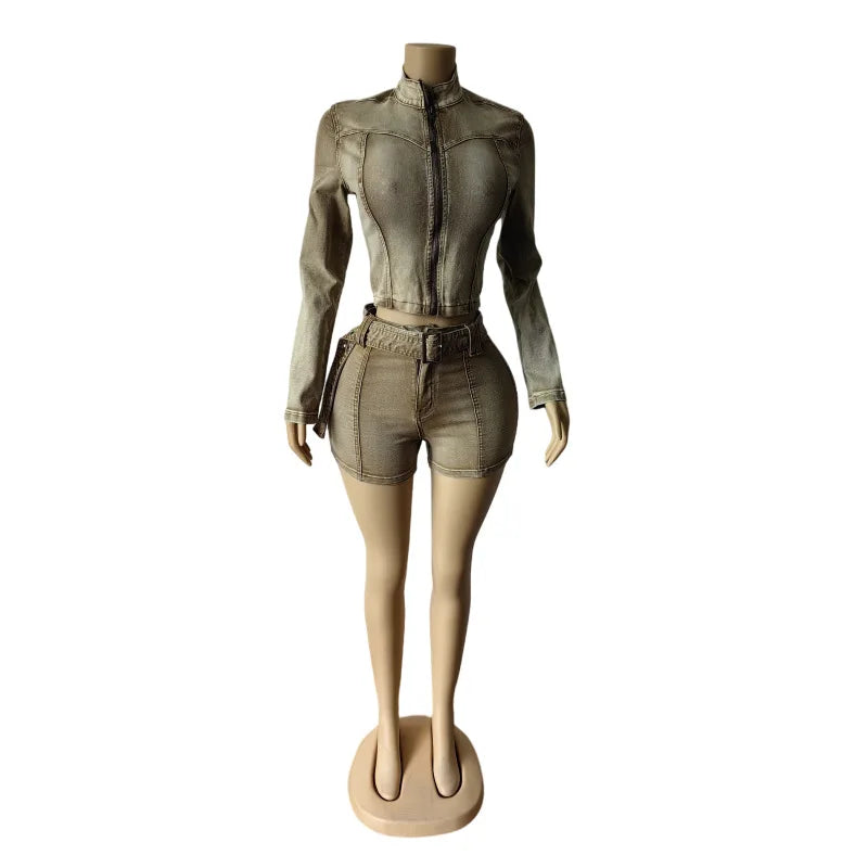 Sexy Denim Womens 2 Two Piece Set Stretchy Long Sleeve Zip Up Slim Jackets and Shorts Suits Y2k Streetwear Belt Jean Outfit Sets