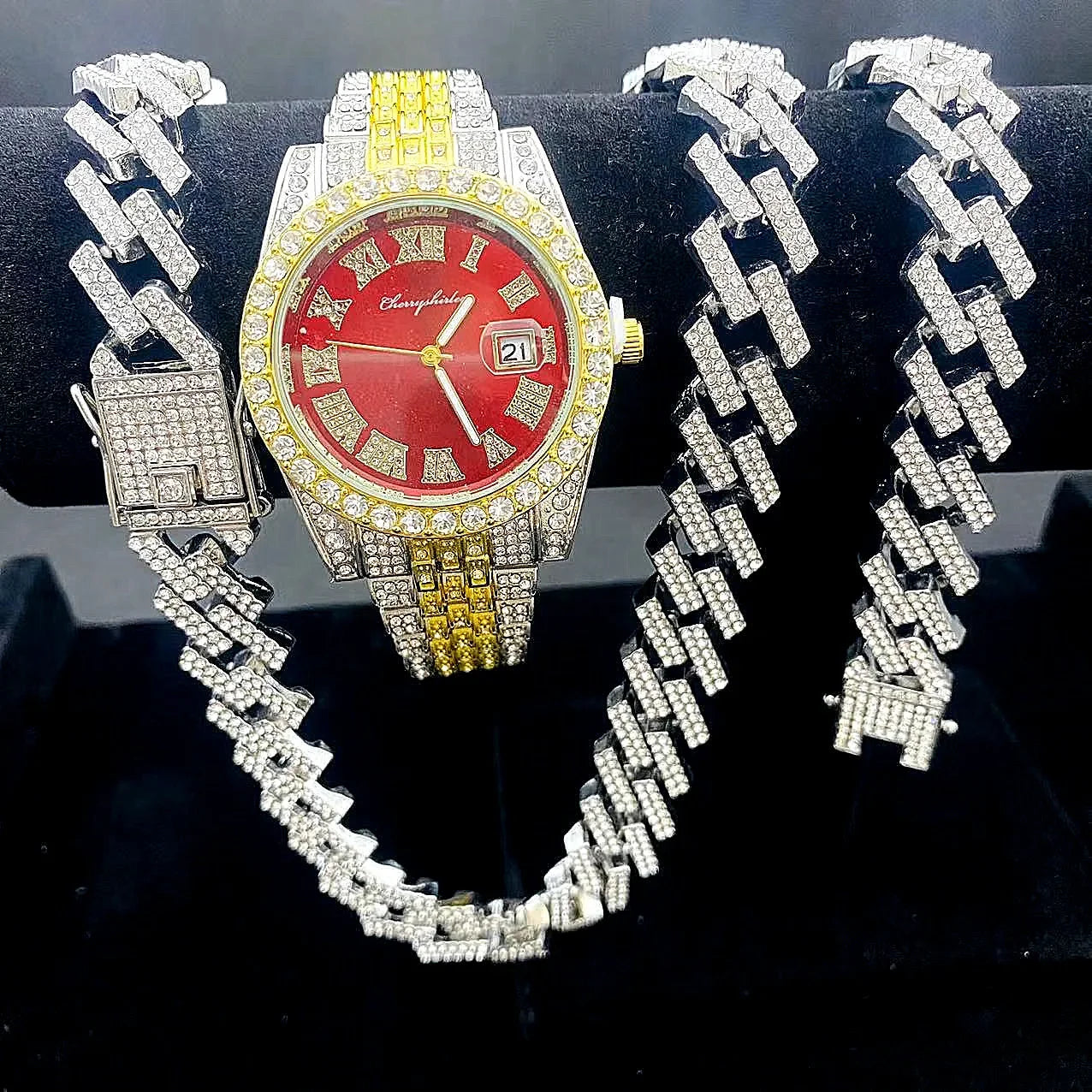 3PCS Iced Out Watches for Men Diamond Gold Watch 15mm Cuban Link Chains Bracelet + Necklaces Jewelry Watch Men Religio Masculino