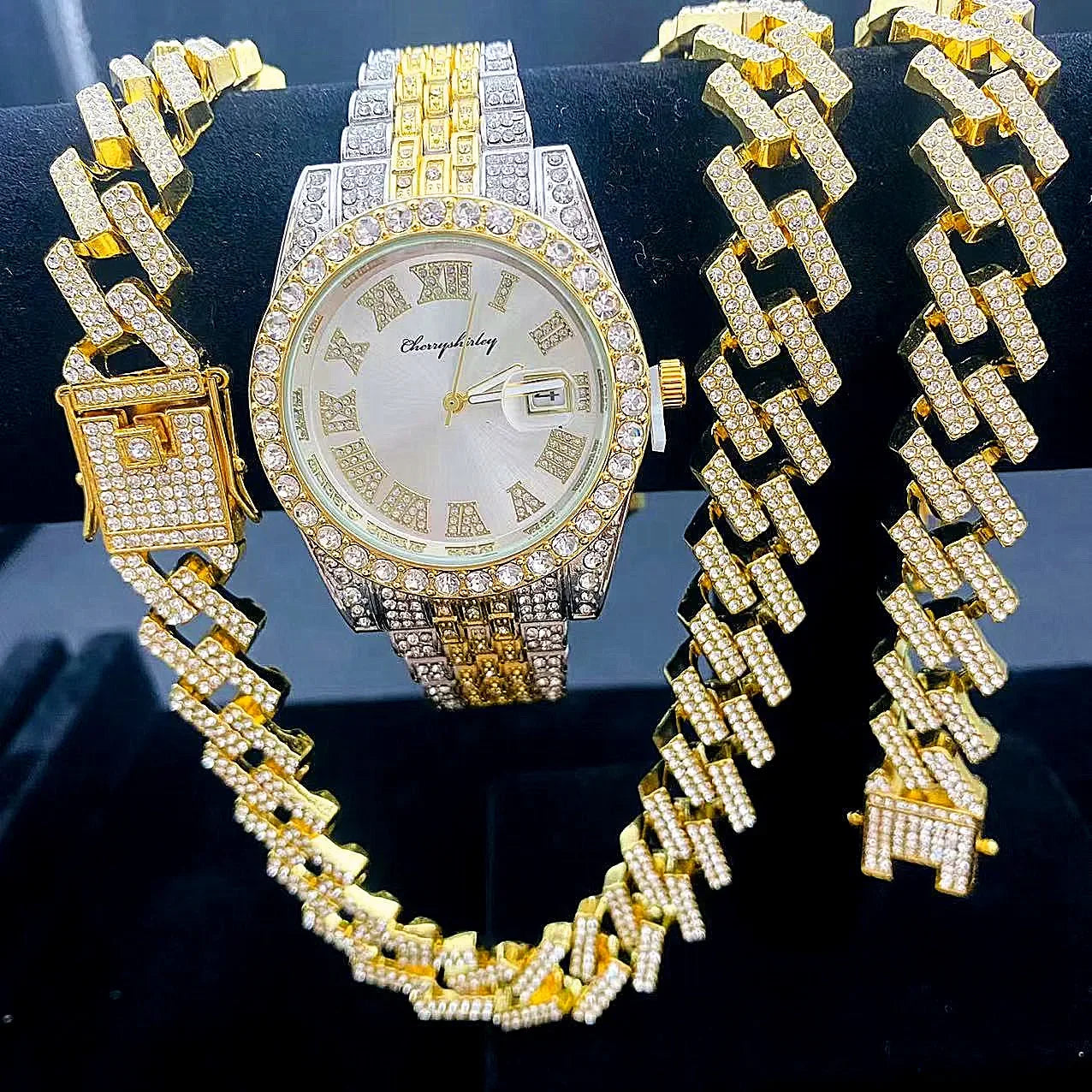 3PCS Iced Out Watches for Men Diamond Gold Watch 15mm Cuban Link Chains Bracelet + Necklaces Jewelry Watch Men Religio Masculino