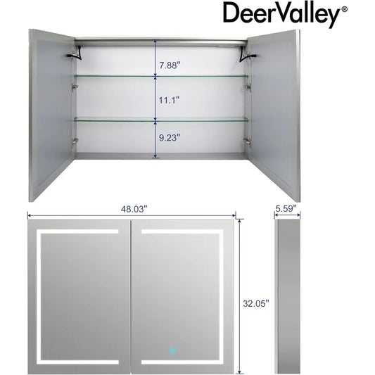 48" W x 32" H Lighted Medicine Cabinet with Mirror, Led Medicine Cabinet Mirror for Bathroom with Defogger & Dimmable 3-Color