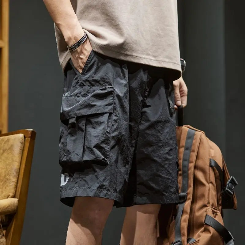 Multi Pocket Men's Cargo Shorts Elastic Waist Solid Quickly Do Male Short Pants Black Designer Wide Comfortable Streetwear Nylon