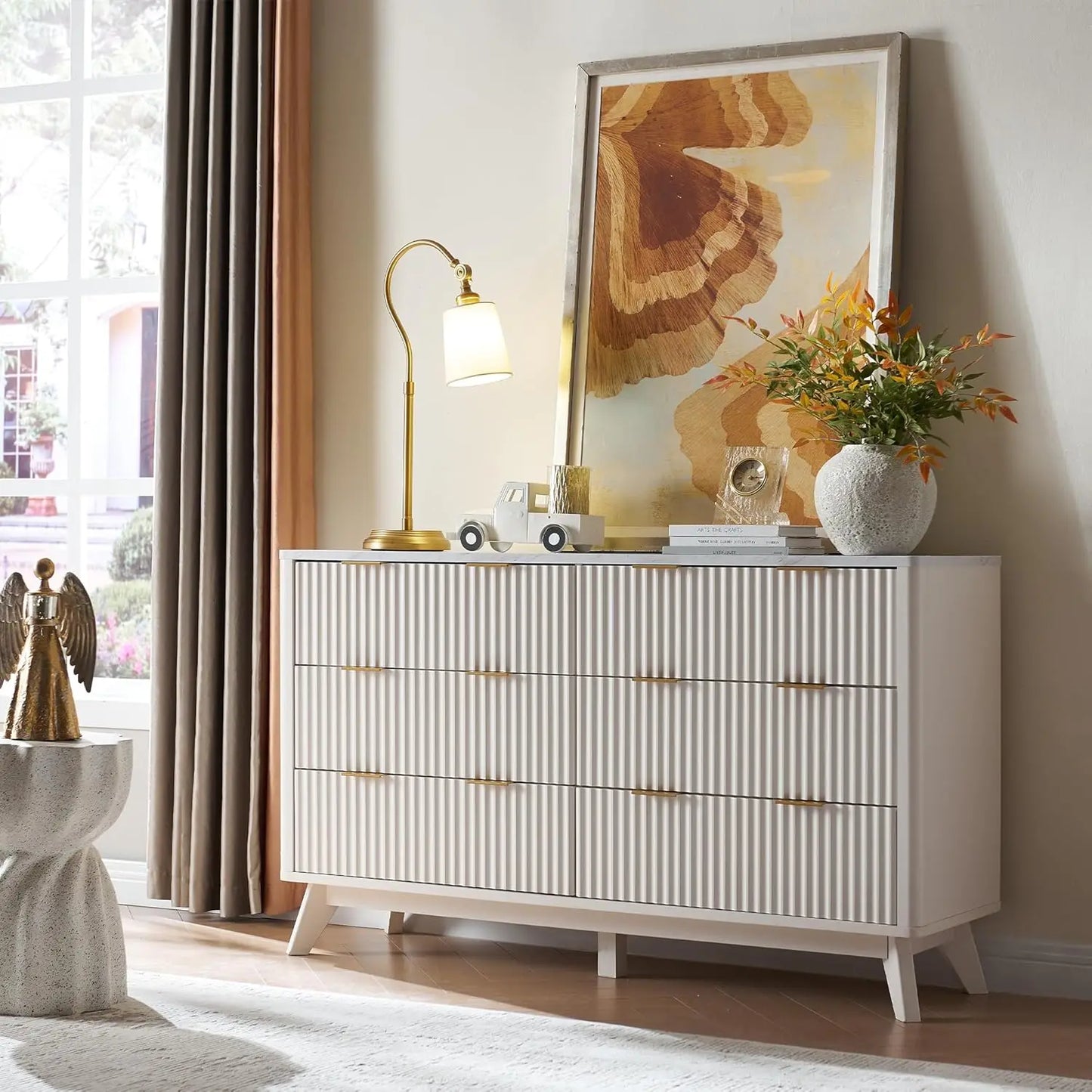 Fluted Dresser, Modern Chest of Drawers, Curved Profile Design, Wood Drawer Organizer for Bedroom, Living Room, Dark Walnut