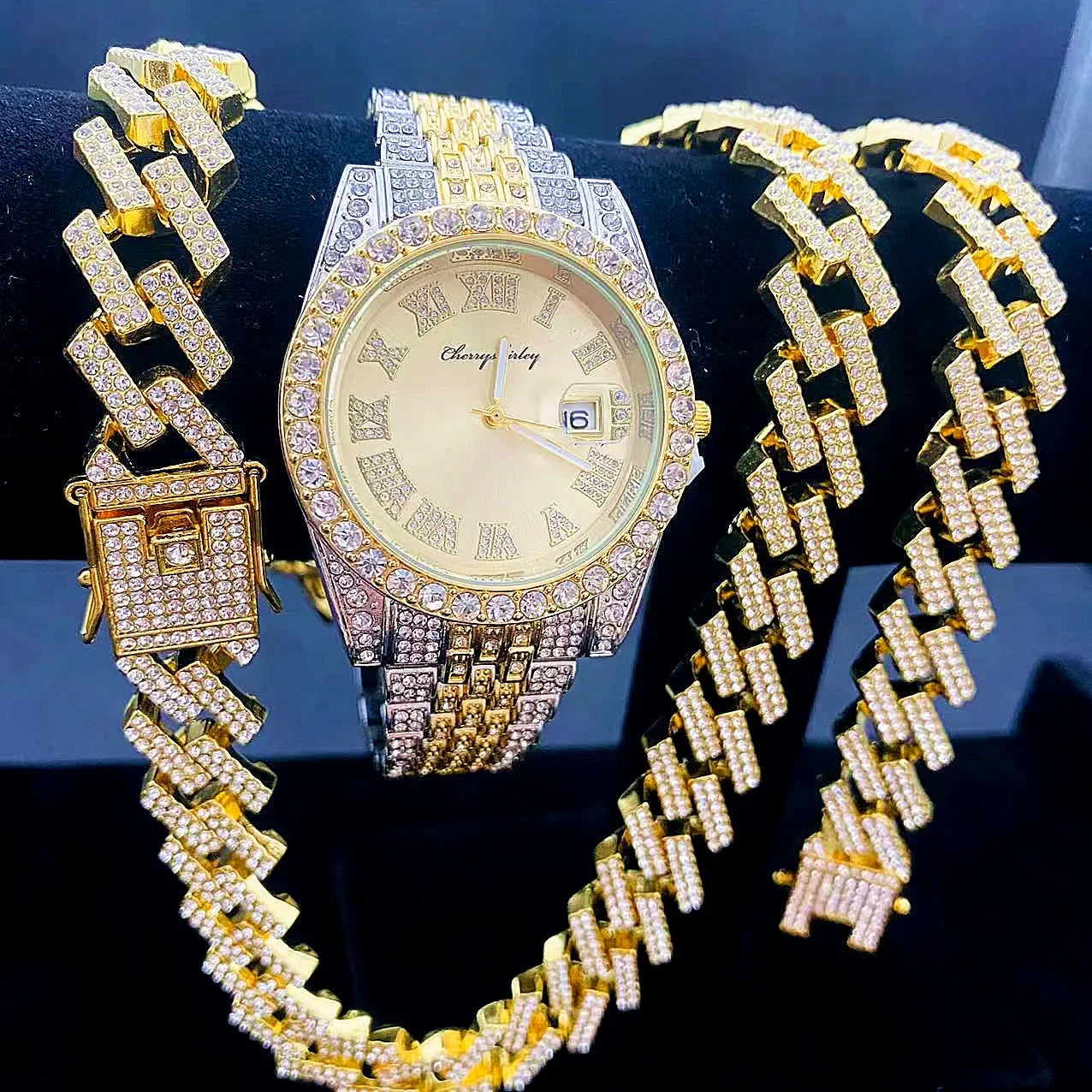 3PCS Iced Out Watches for Men Diamond Gold Watch 15mm Cuban Link Chains Bracelet + Necklaces Jewelry Watch Men Religio Masculino