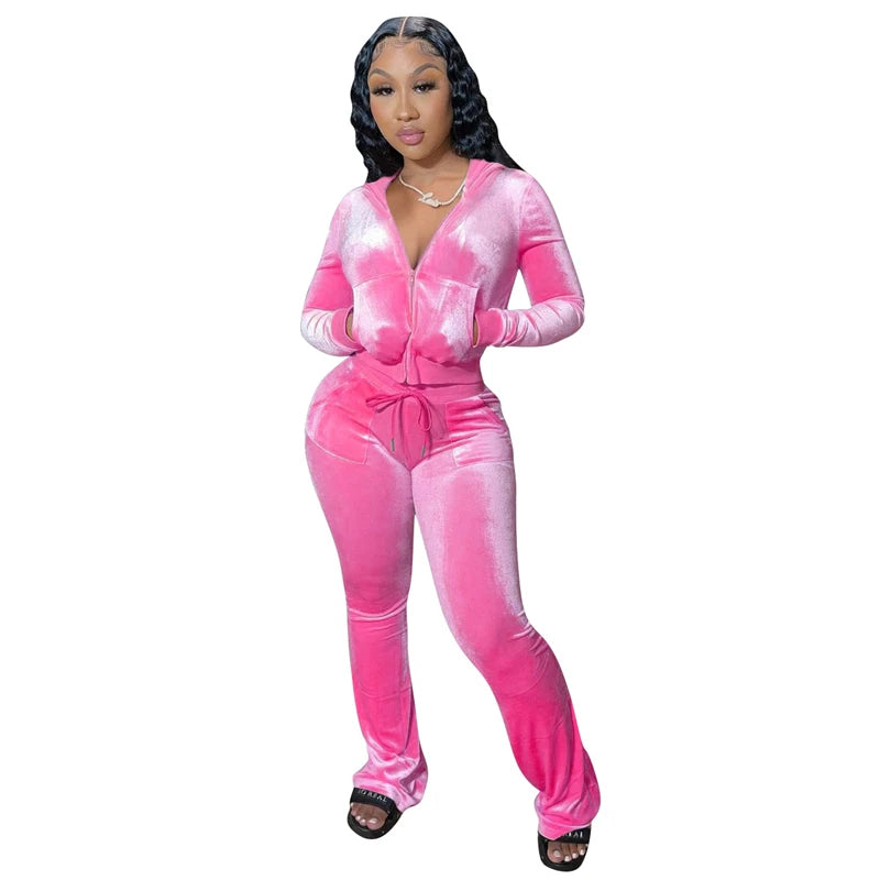 Autumn Winter Solid Velvet 2Piece Set Women Outfits Tracksuit Zipper Long Sleeve Hooded Sweatshirts Top Flare Pants Joggers Suit