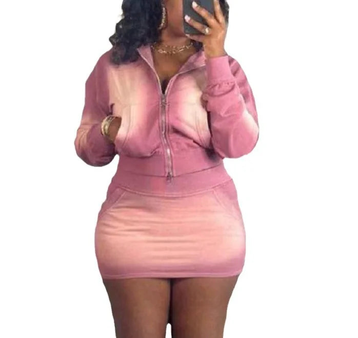 Fashion Vintage Women's Set Tie Dye Print Zipper Long Sleeve Crop Top Skirt 2024 New Two 2 Piece Set Women Outfits Tracksuit