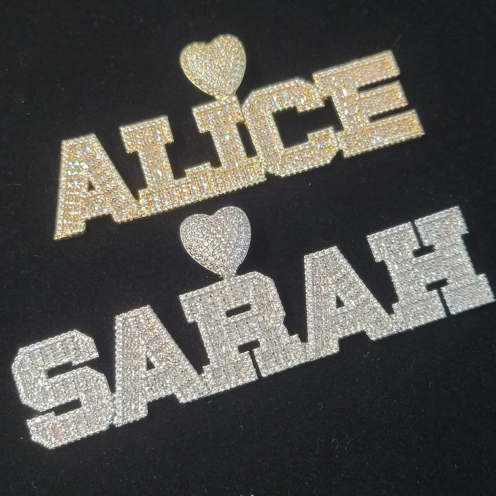 Custom Iced Out Full Diamond Heart Word Pendant Icy Baguettecz Two Rows Name Necklace Hip Hop Chain Birthday Gifts For Her Him