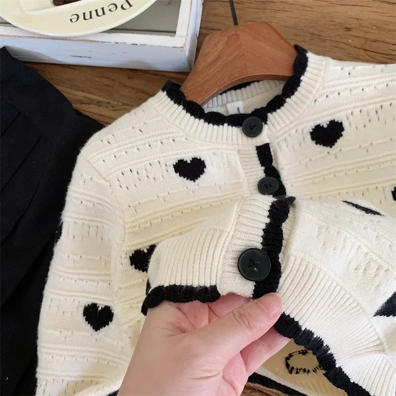 2024 Baby Girl Fall Clothes Black and White Stitching Heart Pattern Knit Sweater Cardigan Black Skirt Sets Cute Outfit Set 2-7y