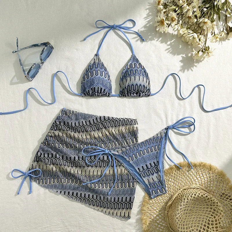 Women Swimsuit Colored Maple Leaves Knitted Bikini Skirt Three-Piece Set Split Swimsuit Bikini