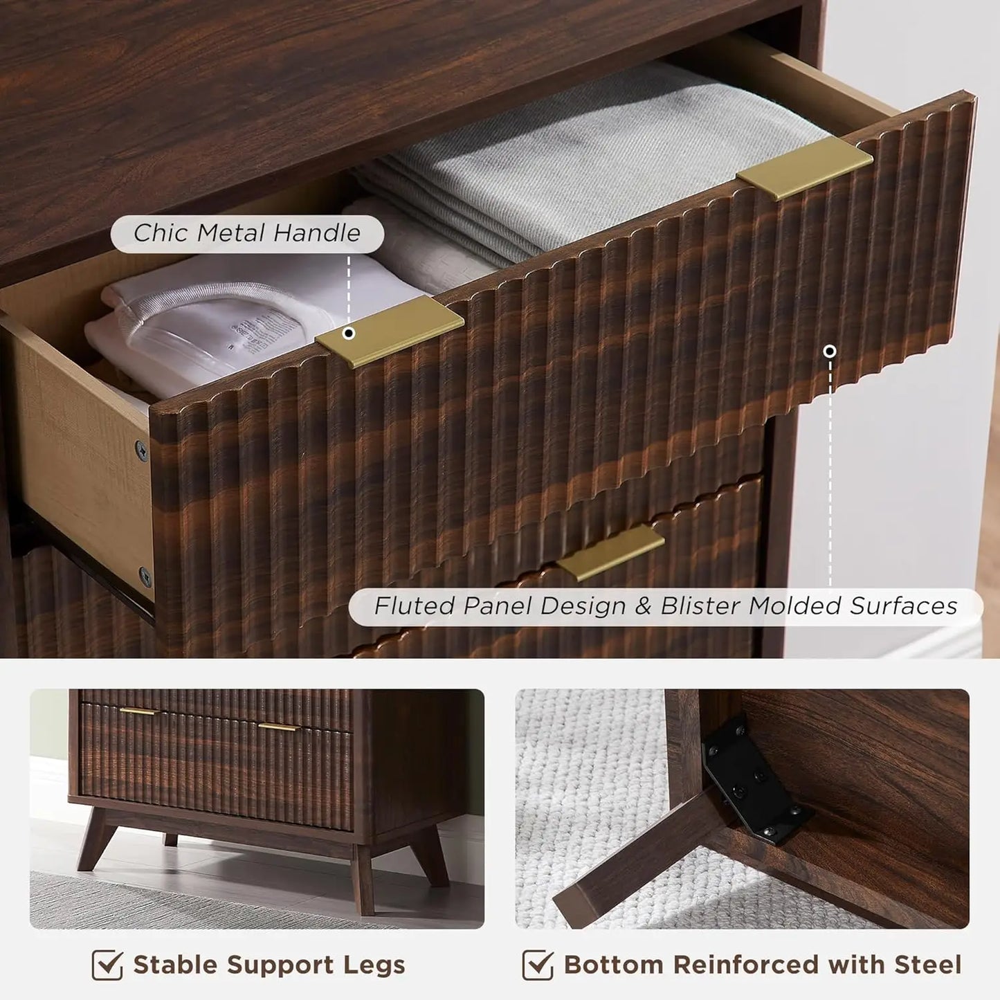 Fluted Dresser, Modern Chest of Drawers, Curved Profile Design, Wood Drawer Organizer for Bedroom, Living Room, Dark Walnut