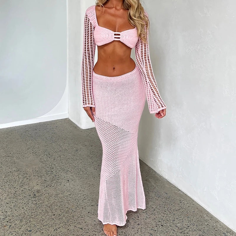 Maemukilabe Vintage 2 Piece Set Knitted Backless Tie Up Crop Tops Low Cut Crochet Hollow Out T-shirt + Long Skirt Women Holiday