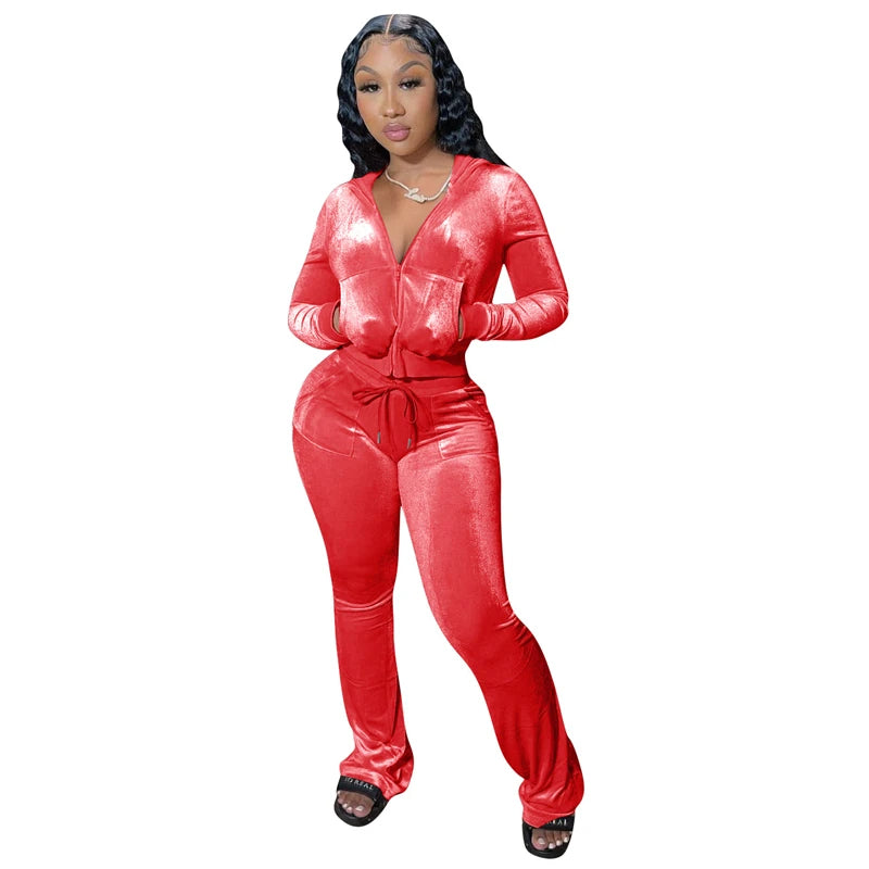 Autumn Winter Solid Velvet 2Piece Set Women Outfits Tracksuit Zipper Long Sleeve Hooded Sweatshirts Top Flare Pants Joggers Suit