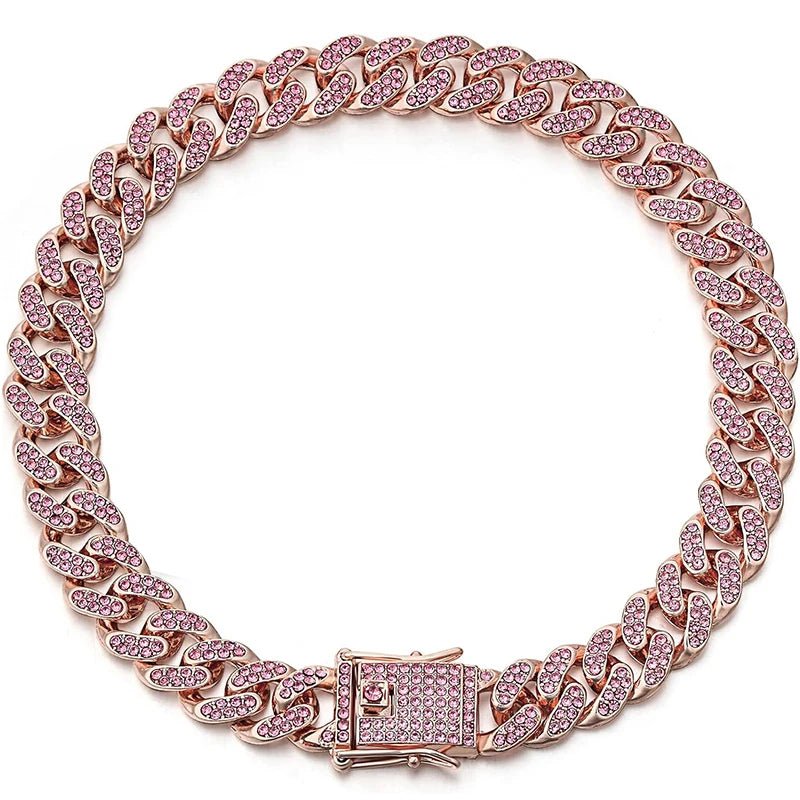 Personalized Pink Diamond Cuban Collar with Design Secure Buckle Dog Collars Gold Chain Pet Necklace for Small Medium Dogs Cat