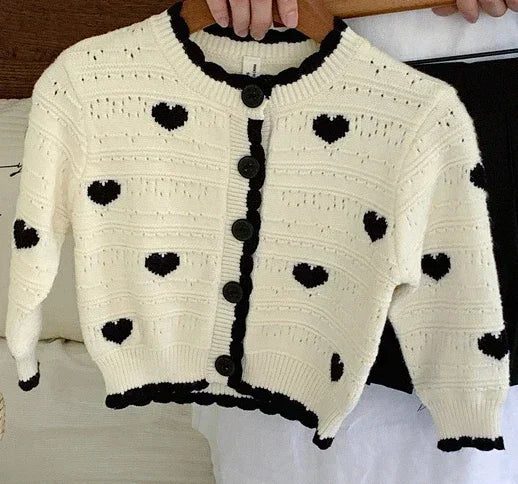 2024 Baby Girl Fall Clothes Black and White Stitching Heart Pattern Knit Sweater Cardigan Black Skirt Sets Cute Outfit Set 2-7y