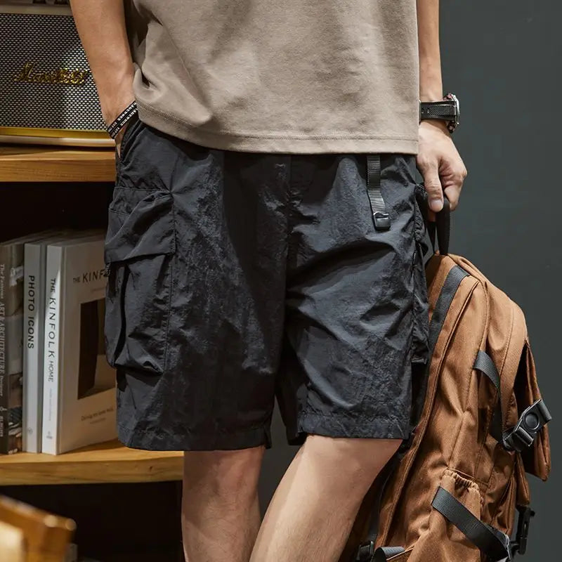 Multi Pocket Men's Cargo Shorts Elastic Waist Solid Quickly Do Male Short Pants Black Designer Wide Comfortable Streetwear Nylon