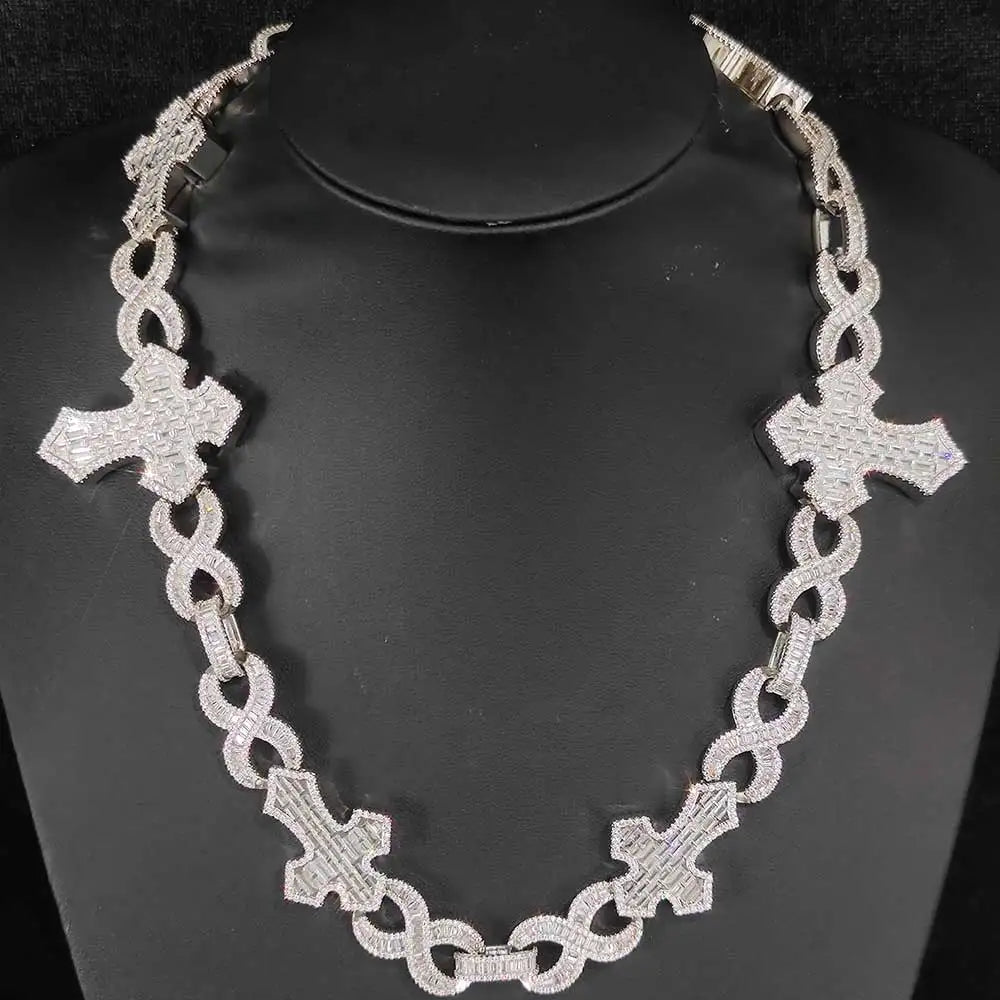Hip Hop Silver/Gold Plated Iced Out Jewelry Baguette  Diamond CZ Cuban Link Chain Cross  Chain Rapper Necklaces