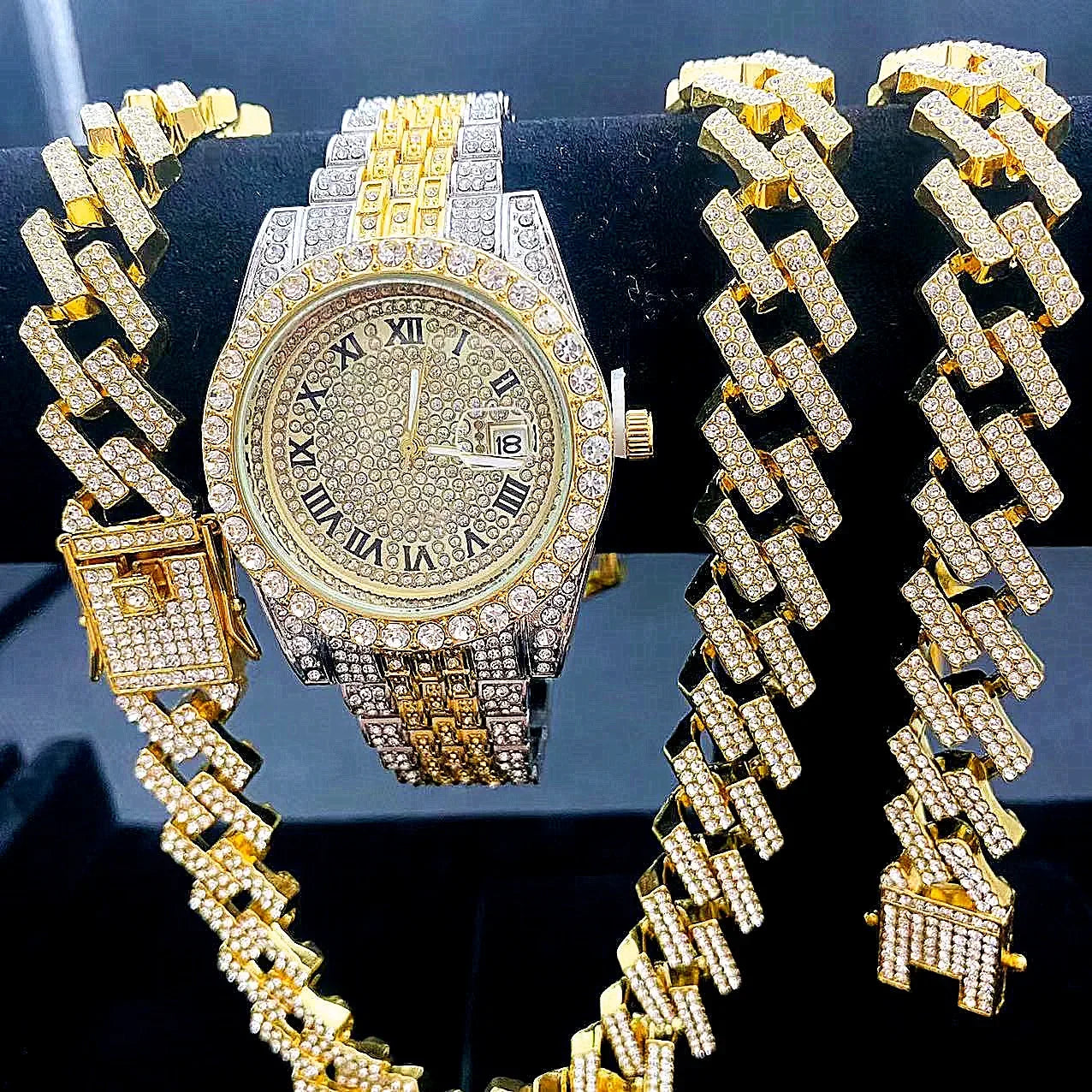 3PCS Iced Out Watches for Men Diamond Gold Watch 15mm Cuban Link Chains Bracelet + Necklaces Jewelry Watch Men Religio Masculino